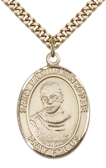 14KT GOLD FILLED ST MAXIMILIAN KOLBE PENDANT WITH CHAIN - 1" x 3/4"