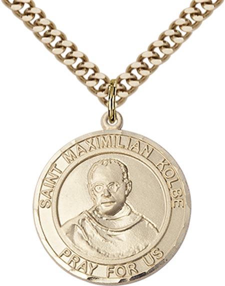 14KT GOLD FILLED ST MAXIMILIAN KOLBE PENDANT WITH CHAIN - 1" x 7/8"