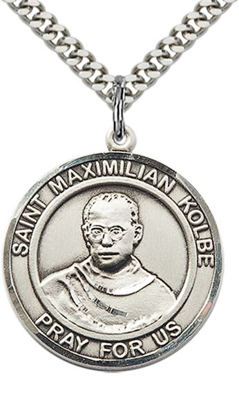 STERLING SILVER ST MAXIMILIAN KOLBE PENDANT WITH CHAIN - 1" x 7/8"