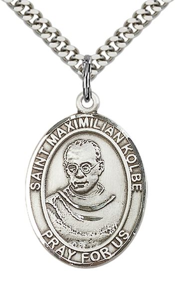 STERLING SILVER ST MAXIMILIAN KOLBE PENDANT WITH CHAIN - 1" x 3/4"