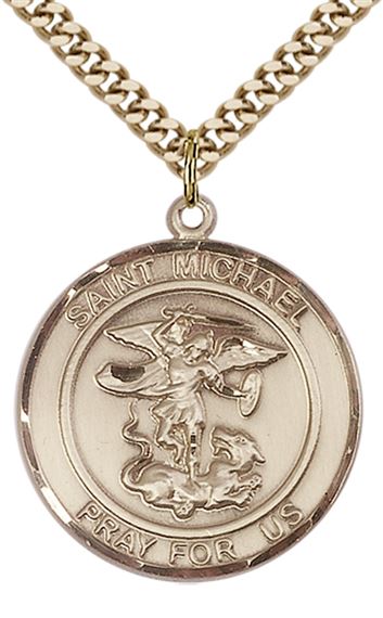 14KT GOLD FILLED ST MICHAEL THE ARCHANGEL PENDANT WITH CHAIN - 1" x 7/8"