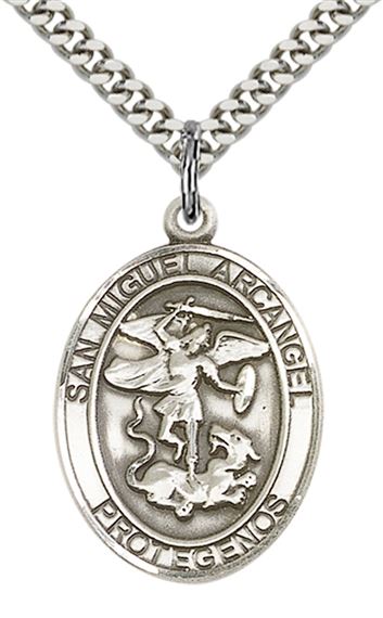 STERLING SILVER SAN MIGUEL ARCANGEL PENDANT WITH CHAIN - 1" x 3/4"