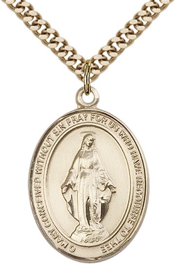 14KT GOLD FILLED MIRACULOUS PENDANT WITH CHAIN - 1" x 3/4"