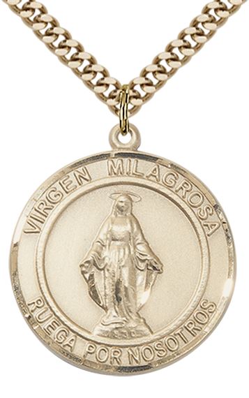 GOLD FILLED VIRGEN MILAGROSA PENDANT ON A CHAIN - 1" x 7/8"