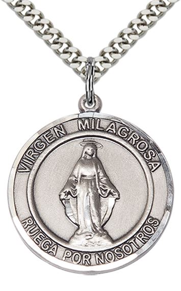 STERLING SILVER VIRGEN MILAGROSA PENDANT WITH CHAIN - 1" x 7/8"