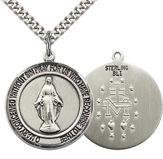 STERLING SILVER MIRACULOUS PENDANT WITH CHAIN - 1" x 7/8"