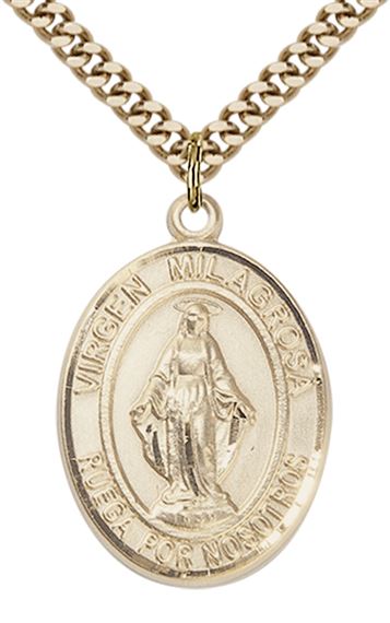 GOLD FILLED VIRGEN MILAGROSA PENDANT ON A CHAIN - 1" x 3/4"