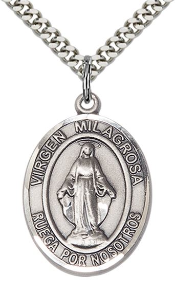STERLING SILVER VIRGEN MILAGROSA PENDANT WITH CHAIN - 1" x 3/4"