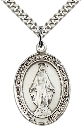 STERLING SILVER MIRACULOUS PENDANT WITH CHAIN - 1" x 3/4"
