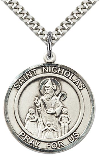 STERLING SILVER ST NICHOLAS PENDANT WITH CHAIN - 1" x 7/8"