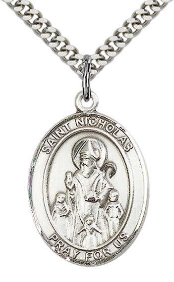 STERLING SILVER ST NICHOLAS PENDANT WITH CHAIN - 1" x 3/4"