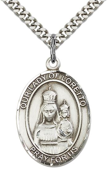 STERLING SILVER OUR LADY OF LORETTO PENDANT WITH CHAIN - 1" x 3/4"