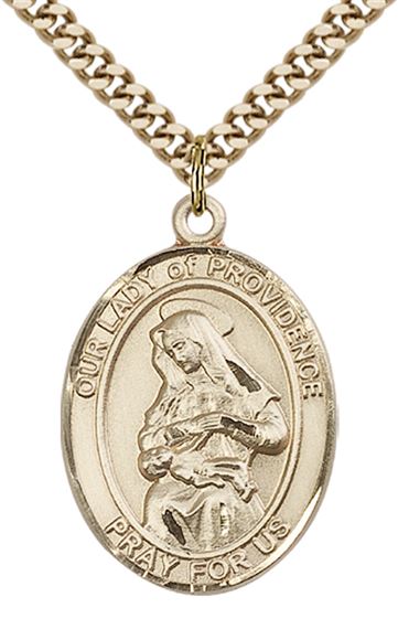 14KT GOLD FILLED OUR LADY OF PROVIDENCE PENDANT WITH CHAIN - 1" x 3/4"