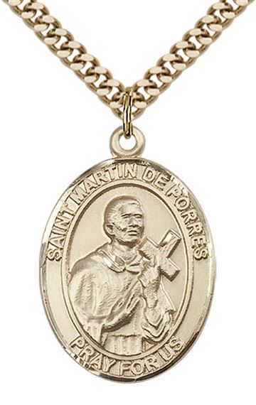 14KT GOLD FILLED ST MARTIN DE PORRES PENDANT WITH CHAIN - 1" x 3/4"