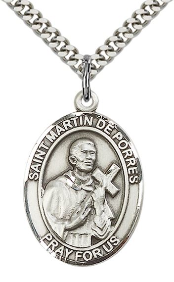 STERLING SILVER ST MARTIN DE PORRES PENDANT WITH CHAIN - 1" x 3/4"