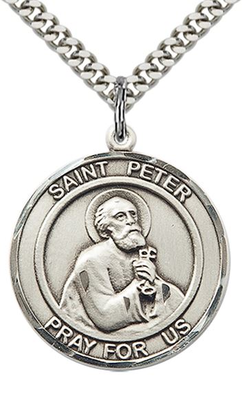 STERLING SILVER ST PETER THE APOSTLE PENDANT WITH CHAIN - 1" x 7/8"