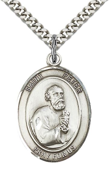 STERLING SILVER ST PETER THE APOSTLE PENDANT WITH CHAIN - 1" x 3/4"