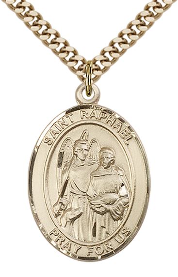 14KT GOLD FILLED ST RAPHAEL THE ARCHANGEL PENDANT WITH CHAIN - 1" x 3/4"