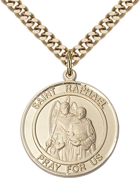 14KT GOLD FILLED ST RAPHAEL THE ARCHANGEL PENDANT WITH CHAIN - 1" x 7/8"