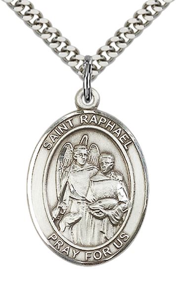 STERLING SILVER ST RAPHAEL THE ARCHANGEL PENDANT WITH CHAIN - 1" x 3/4"