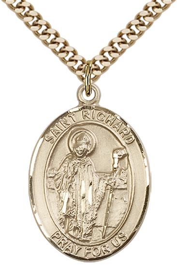 14KT GOLD FILLED ST RICHARD PENDANT WITH CHAIN - 1" x 3/4"