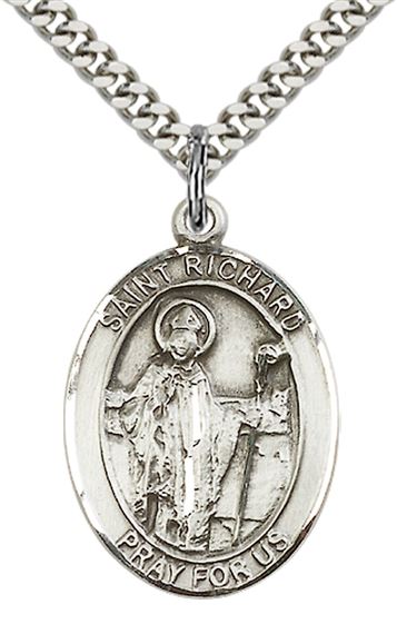 STERLING SILVER ST RICHARD PENDANT WITH CHAIN - 1" x 3/4"