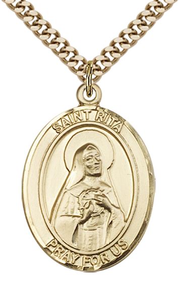 14KT GOLD FILLED ST RITA OF CASCIA PENDANT WITH CHAIN - 1" x 3/4"