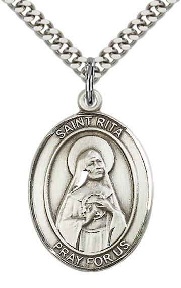STERLING SILVER ST RITA OF CASCIA PENDANT WITH CHAIN - 1" x 3/4"