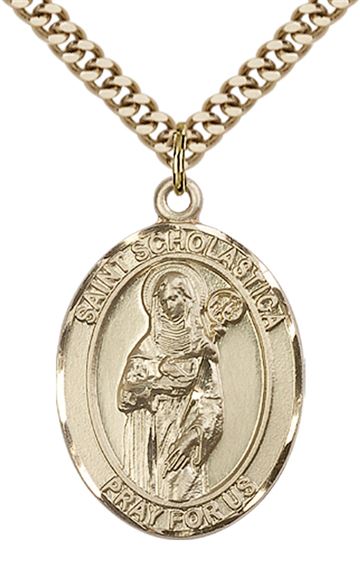 14KT GOLD FILLED ST SCHOLASTICA PENDANT WITH CHAIN - 1" x 3/4"