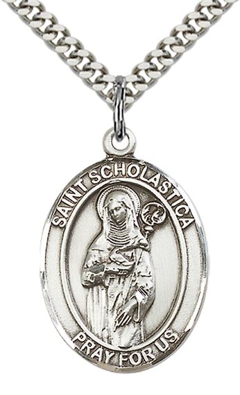 STERLING SILVER ST SCHOLASTICA PENDANT WITH CHAIN - 1" x 3/4"