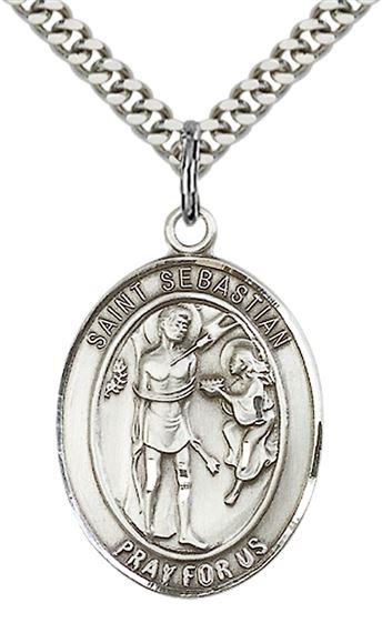 STERLING SILVER ST SEBASTIAN PENDANT WITH CHAIN - 1" x 3/4"