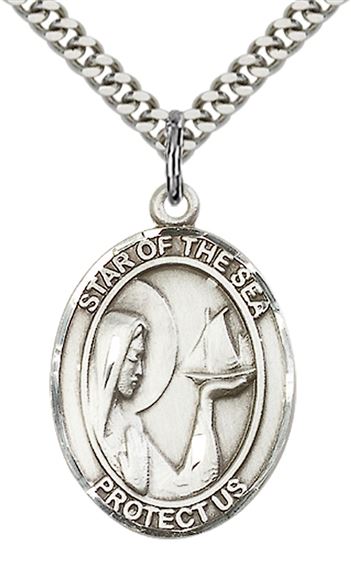 STERLING SILVER OUR LADY STAR OF THE SEA PENDANT WITH CHAIN - 1" x 3/4"