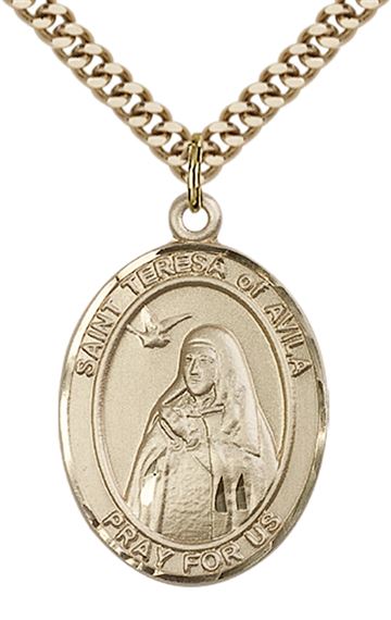 14KT GOLD FILLED ST TERESA OF AVILA PENDANT WITH CHAIN - 1" x 3/4"