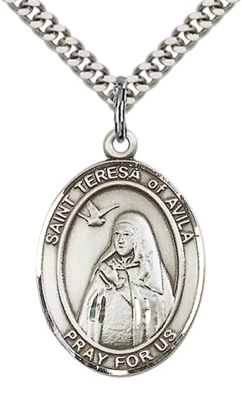 STERLING SILVER ST TERESA OF AVILA PENDANT WITH CHAIN - 1" x 3/4"