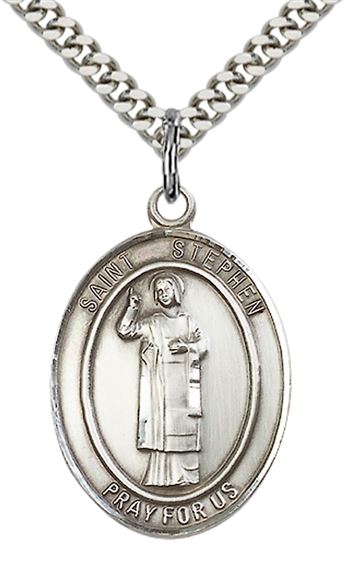 STERLING SILVER ST STEPHEN THE MARTYR PENDANT WITH CHAIN - 1" x 3/4"