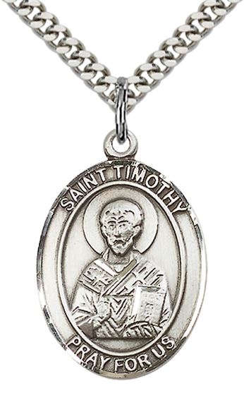 STERLING SILVER ST TIMOTHY PENDANT WITH CHAIN - 1" x 3/4"