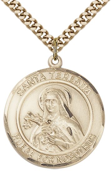 GOLD FILLED SANTA TERESITA PENDANT ON A CHAIN - 1" x 7/8"