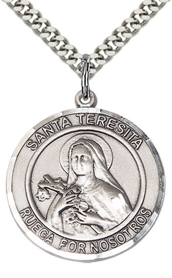 STERLING SILVER SANTA TERESITA PENDANT WITH CHAIN - 1" x 7/8"