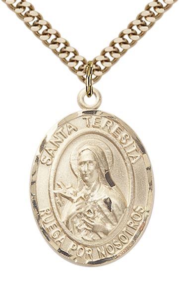 GOLD FILLED SANTA TERESITA PENDANT ON A CHAIN - 1" x 3/4"
