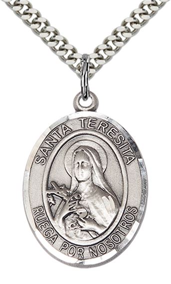 STERLING SILVER SANTA TERESITA PENDANT WITH CHAIN - 1" x 3/4"