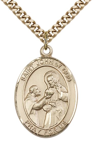 14KT GOLD FILLED ST JOHN OF GOD PENDANT WITH CHAIN - 1" x 3/4"