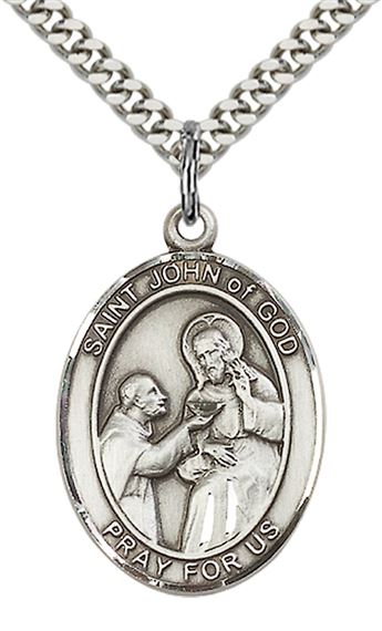 STERLING SILVER ST JOHN OF GOD PENDANT WITH CHAIN - 1" x 3/4"