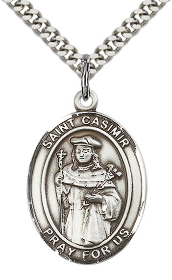 STERLING SILVER ST CASIMIR OF POLAND PENDANT WITH CHAIN - 1" x 3/4"