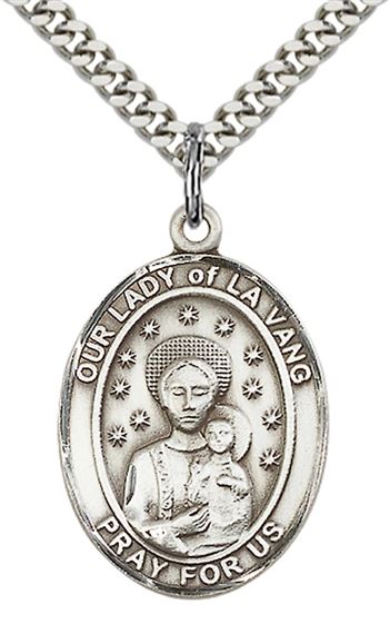 STERLING SILVER OUR LADY OF LA VANG PENDANT WITH CHAIN - 1" x 3/4"