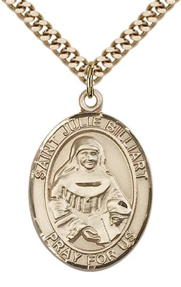 14KT GOLD FILLED ST JULIE BILLIART PENDANT WITH CHAIN - 1" x 3/4"