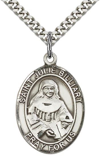 STERLING SILVER ST JULIE BILLIART PENDANT WITH CHAIN - 1" x 3/4"