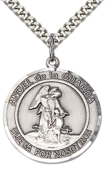 STERLING SILVER ANGEL DE LA GUARDA PENDANT WITH CHAIN - 1" x 7/8"