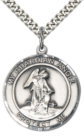 STERLING SILVER GUARDIAN ANGEL PENDANT WITH CHAIN - 1" x 7/8"