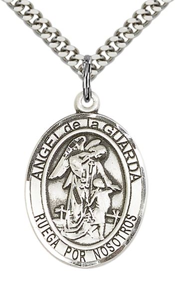 STERLING SILVER ANGEL DE LA GUARDA PENDANT WITH CHAIN - 1" x 3/4"