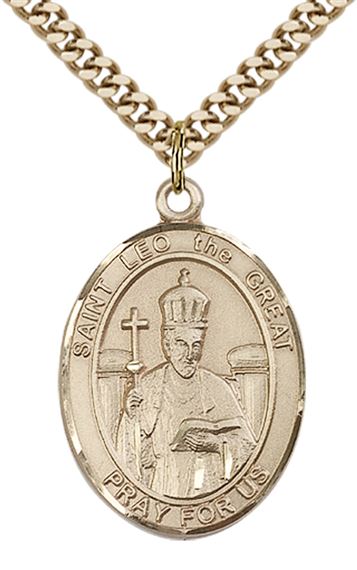 14KT GOLD FILLED ST LEO THE GREAT PENDANT WITH CHAIN - 1" x 3/4"